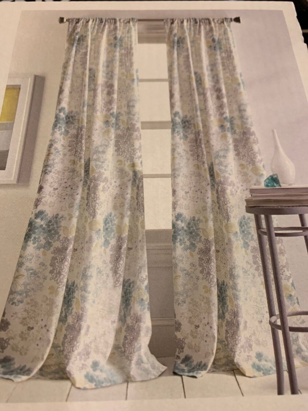 DKNY Floral Fields Blue Teal Yellow Gray 84" Rod Pocket Curtain Panels Pair